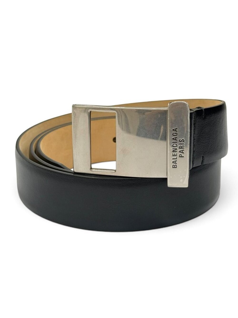 Balenciaga Leather Clip Log Buckle Belt Black Silver 85